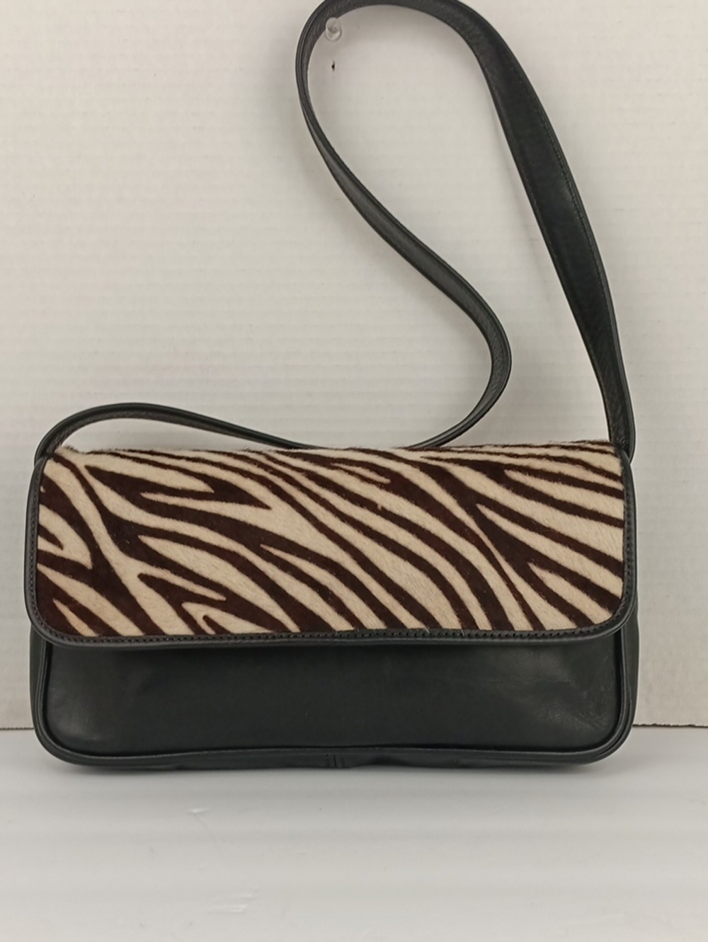 M. London Women's Black Leather Shoulder Bag with Calf Hair Zebra Print Flap